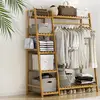 Wooden Garment Coat Clothes Hanging Heavy Duty Rack with top shelf and 2-tier Shoe Clothing Storage Organizer Shelves 1