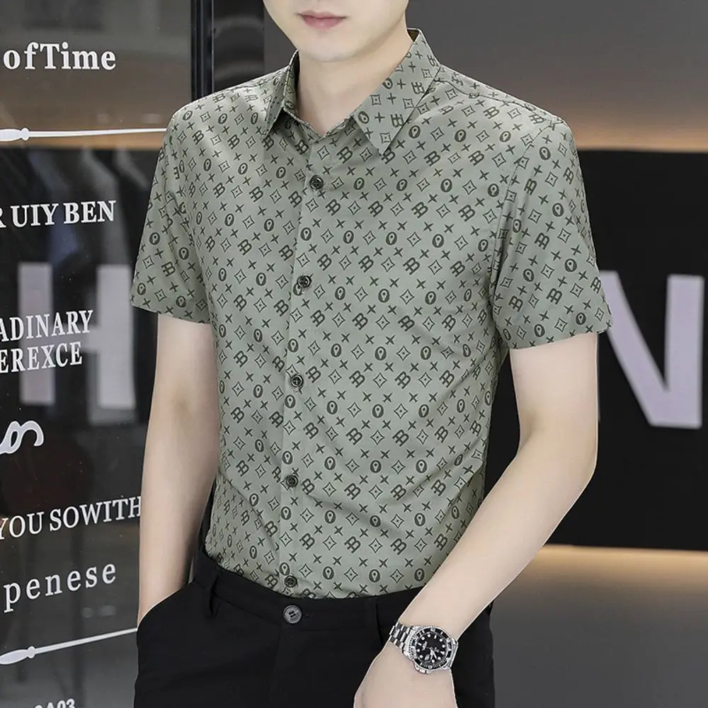 Business Casual Men Shirts Summer New Lapel Ice Silk Wave Printing Button Streetwear Fashion Office Social Short Sleeve Tops 3