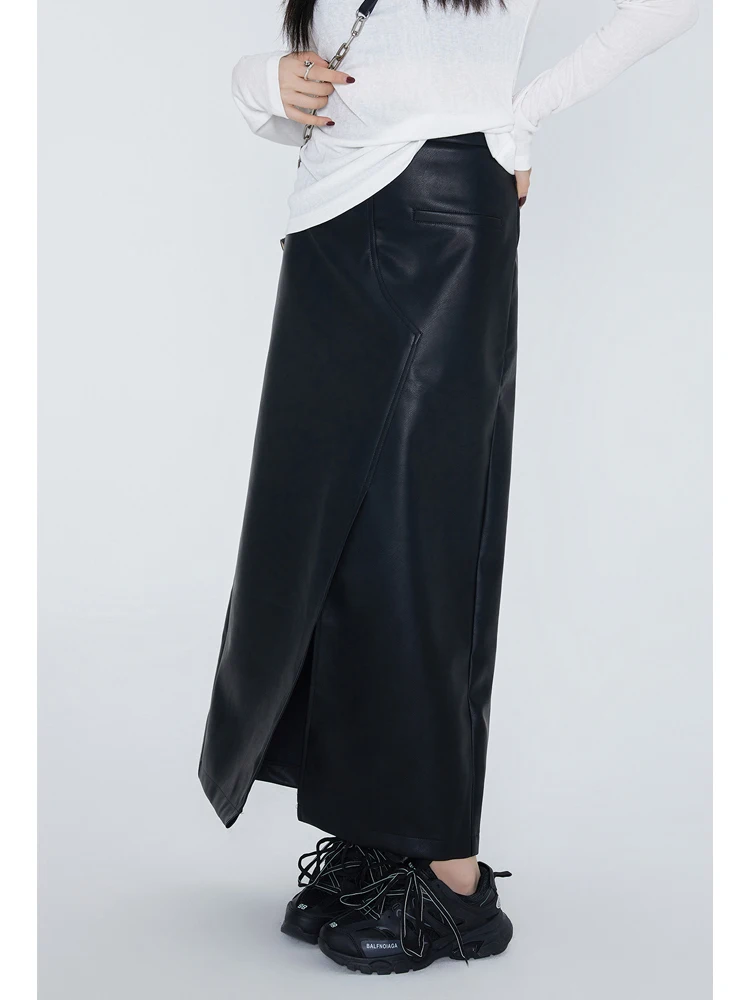 Yitimuceng Leather Midi Skirts For Women Split High Waist Skirts Y2k