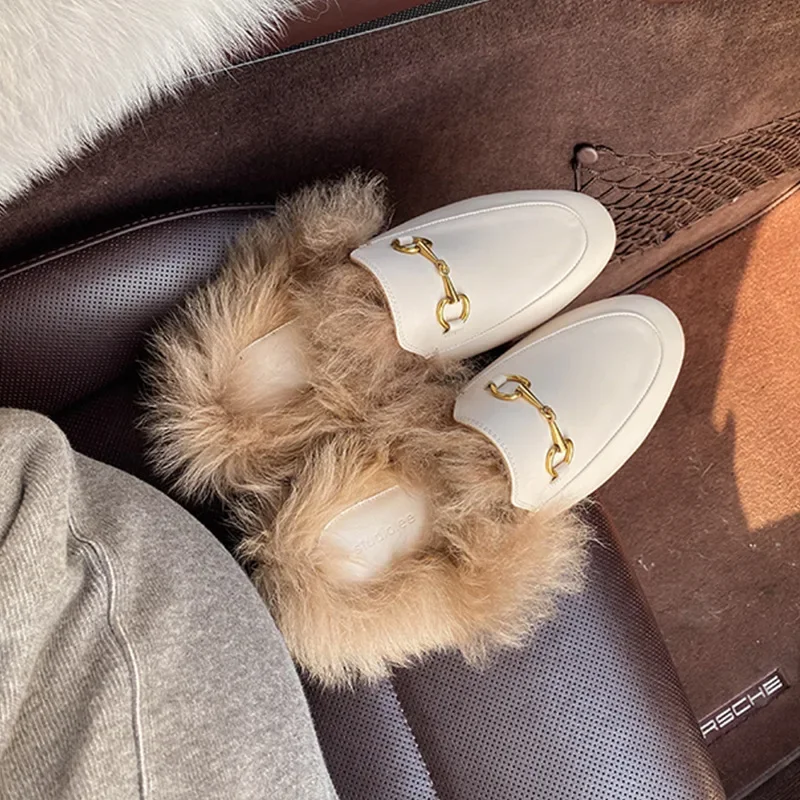 

Outside Wear, Mao Mao Slippers Autumn and Winter Women's Muller Shoes, Rabbit Hair Lazy Flat Shoes, Fur Size Shoes Size 35-44