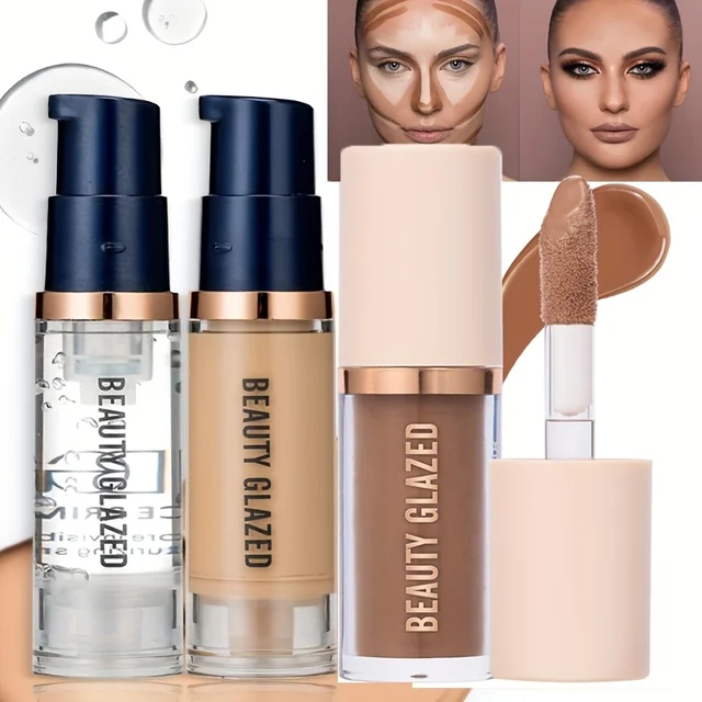 BEAUTY GLAZED – ensemble de maquillage pour le visage, fond de teint liquide + apprêt + Contour liquide, bronzant naturel résistant aux taches, sans poids, longue tenue, 3 pièces 1
