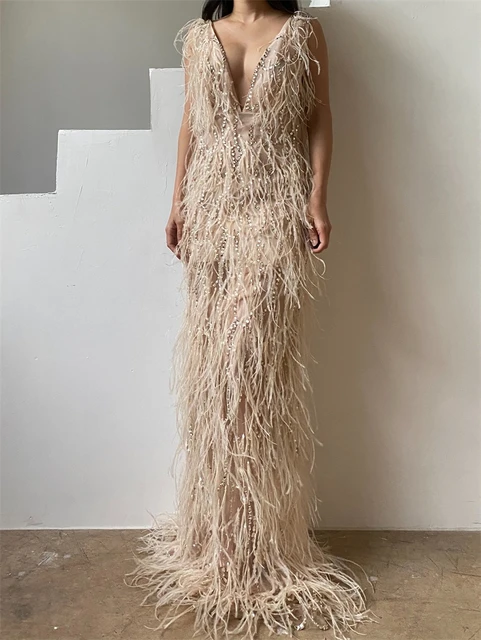 Ostrich Feather Evening Dresses Sleeveless V Neck Capes Sequins Appliques  Beaded Side Slit Prom Dresses Celebrity
