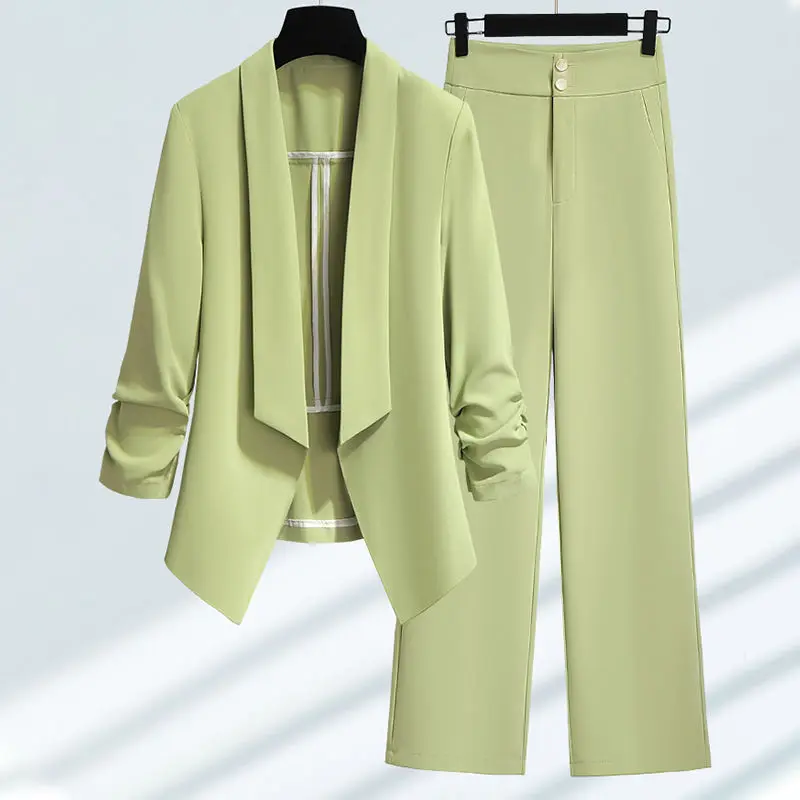 Women Spring Summer Green Blazer Pants Two Pieces Sets 2023 Office Lady Graceful Thin Suit Jacket Trousers Outfits Work Clothing