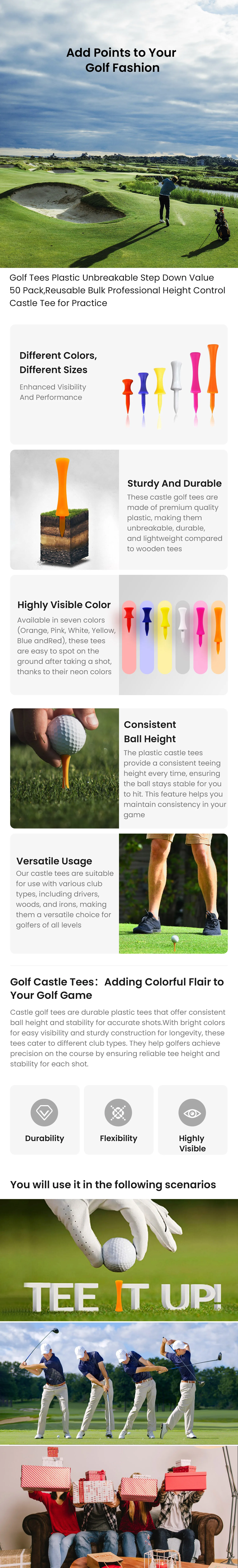 Description Picture 2 of itemGolf Tees Plastic Unbreakable Step Down Value 50 Pack,Reusable Bulk Professional Height Control Castle Tee for Practice
