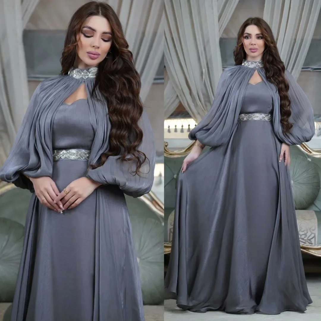 Silky Satin Party Dress for Muslim Women Abaya 2 Piece Set Dubai Puff Sleeve Arabic Islamic Evening Dresses Turkey Kaftan Robe