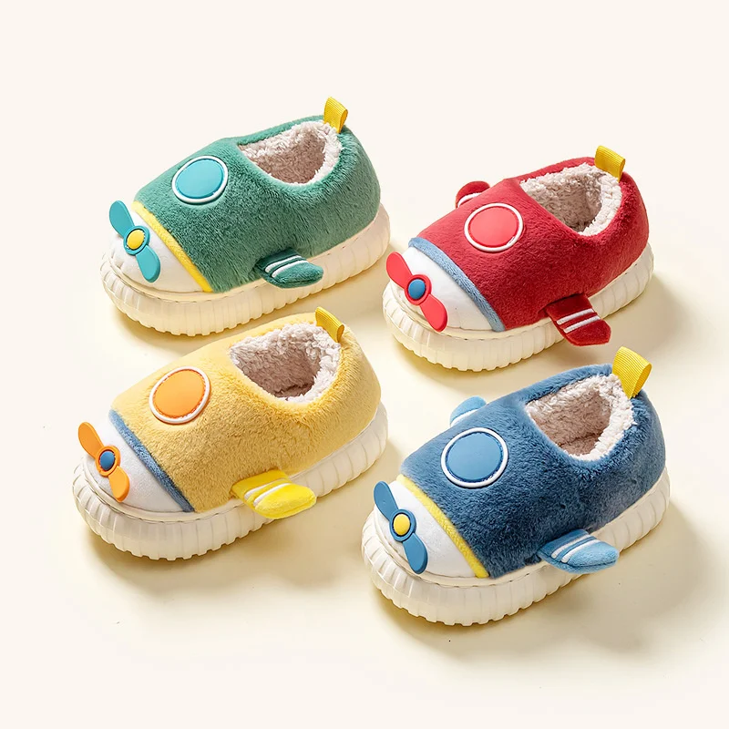 Cute Aircraft Children's Cotton Shoes Cover Heel Home Slippers Boys' Girls’ Warm Cartoon Baby Home Non Slip Thick Soled Slipper