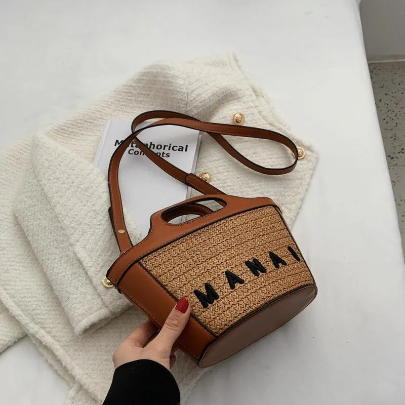 Handbags Crossbody Bags for Women Straw Woven Bag Spliced One Shoulder Basket Beach Bags Fashionable and Versatile Bucket Bag 3