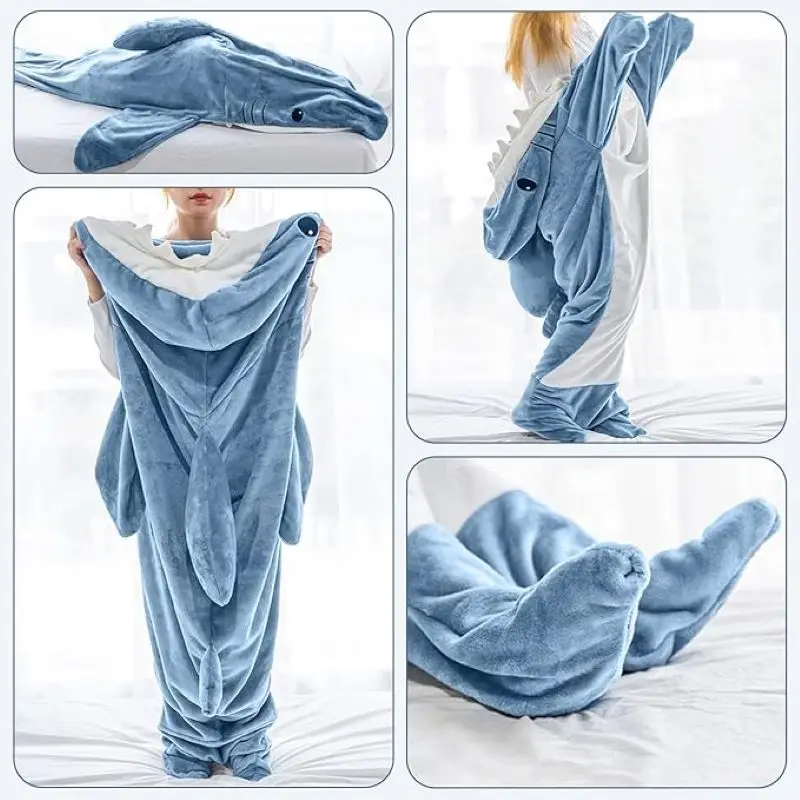 Cartoon Shark Sleeping Bag Pajamas Shark Blanket Fabric Mermaid Shawl Wearable Blanket Children Adult kigurumi pajamas onesies