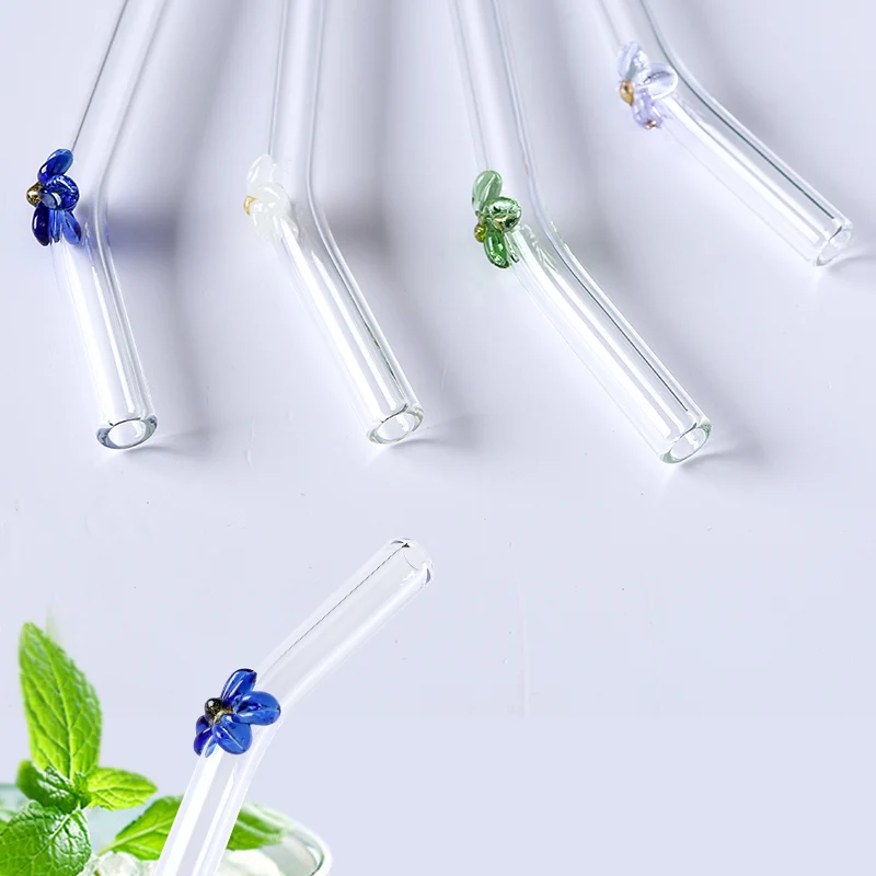 4pcs Glass Straws With Flowers Cute Transparent Reusable Juice