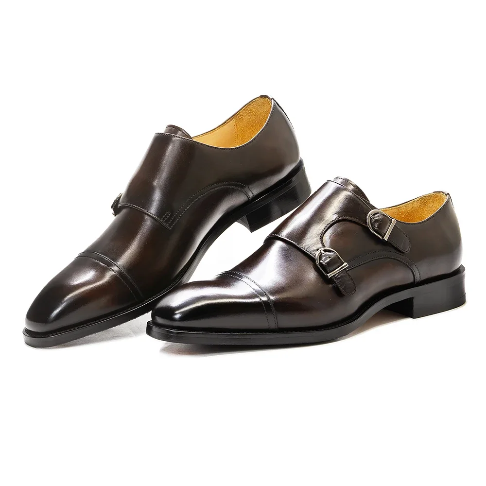 Luxury Genuine Leather Double Buckle Monk Strap Formal Shoes for