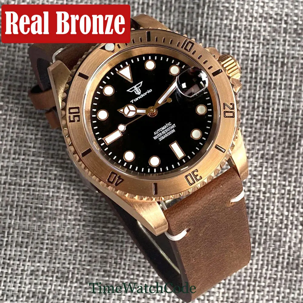 

Tandorio CUSN8 Solid Real Bronze Automatic Watch for Men NH35A PT5000 Movement 20BAR Diving Leather Strap Sapphire Crystal 40mm