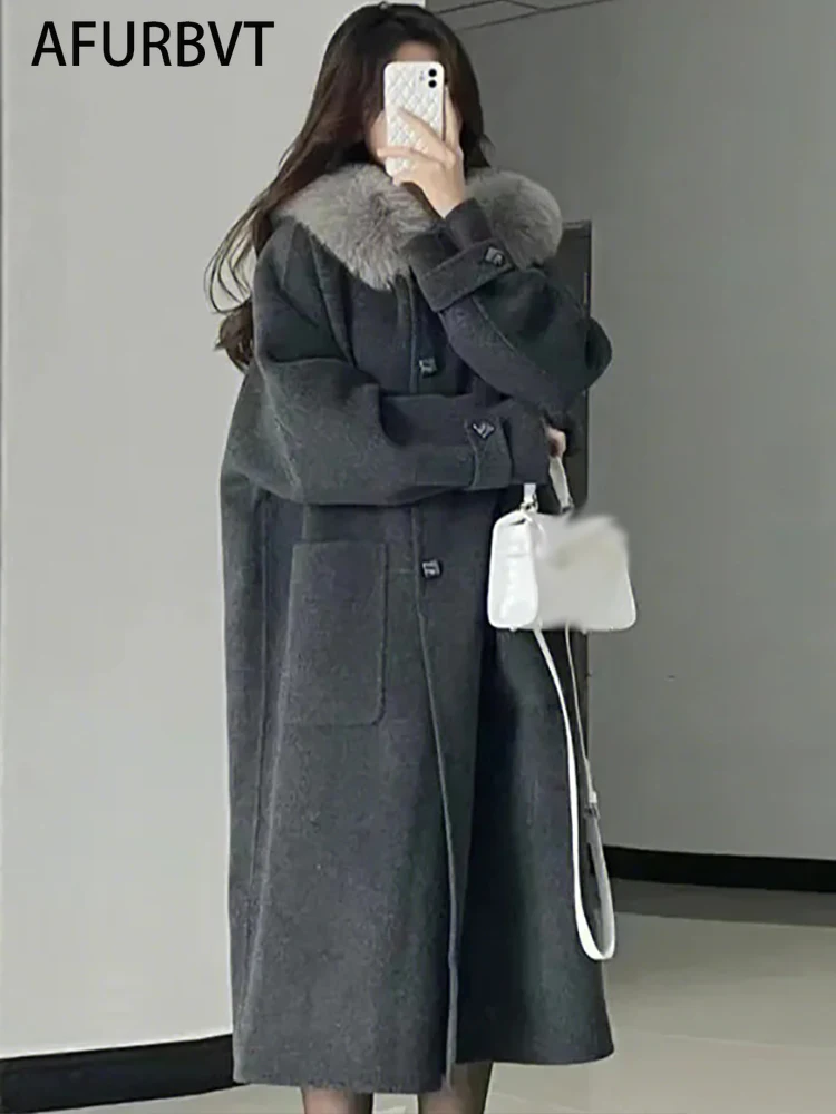 

Autumn Winter Women's Woolen Coat Solid Loose Collar Coat Button Long Sleeve Warm Coat Streetwear Vintage Outerwear Dark Gray
