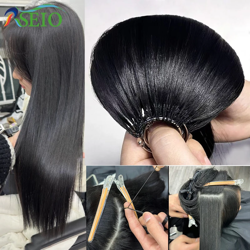 RSEIO Feather Straight Natural Real Human Hair Microring Hair Extensions 0.8g/Strand Brown Blonde 613Color human hair extensions