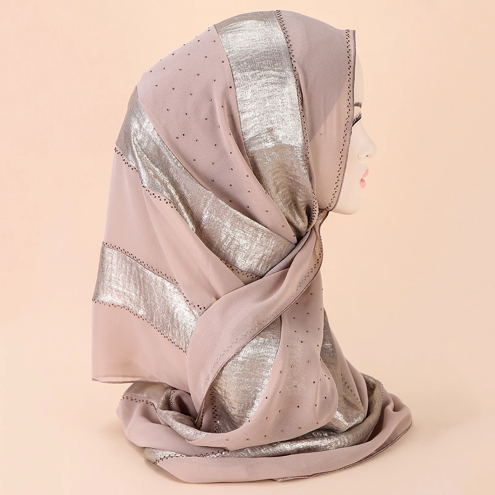 Middle Eastern New Gold Craft Fabric Splice Chiffon Handmade Diamond Decoration Versatile Muslim Women's Headband Scarf Hijab 2