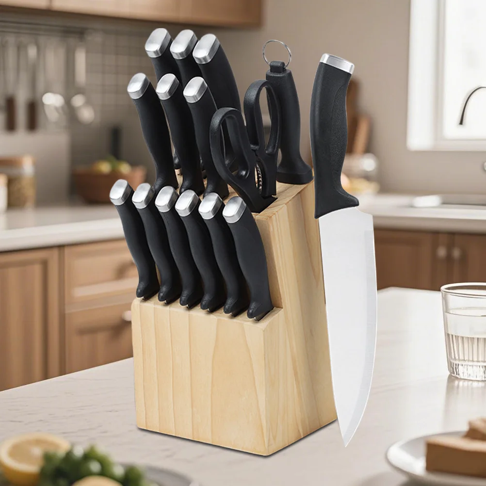 DFITO Professionelles 16-teiliges Küchenmesser-Set aus 3CR13 Edelstahl mit Schwarzem PP-Griff und Holzblock für Restaurant, Zuhause, Geschenkbox – Detail 9