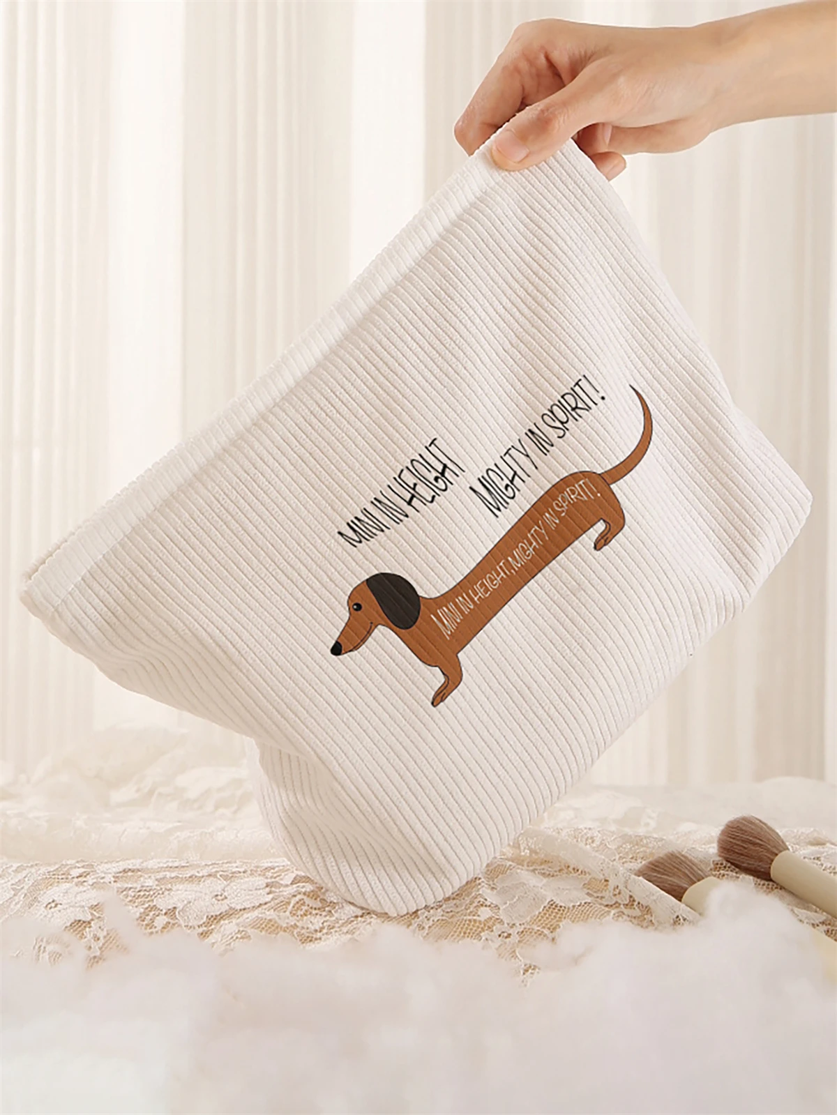 Sausage dog pattern printed corduroy makeup bag, lightweight zipper makeup storage box, multifunctional bag with lining