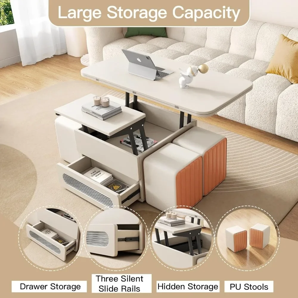 Lift-Top Coffee Table Set with 4 PU Stools, 3 in 1 Multi-Function Center Table, Modern Coffee Table with Hidden Storage