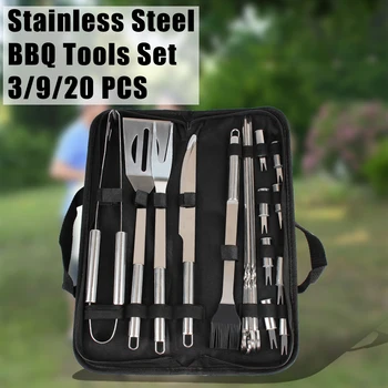 Spatola forchetta pinze coltello pennello spiedini per campeggio all'aperto 3/9/20 pezzi Set di strumenti per Barbecue utensile per Barbecue in acciaio inossidabile 1