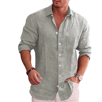 Camicia casual da uomo a maniche lunghe con colletto in lino tinta unita ampia di grandi dimensioni 1