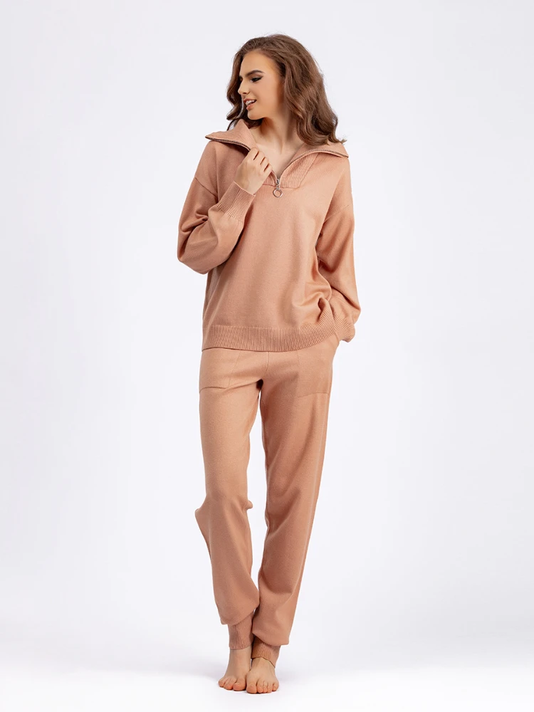 

2023 New European American Autumn Winter Women Clothing POLO Neck Sweater Set Loose Casual Knit Two Piece Sets Womens Outifits