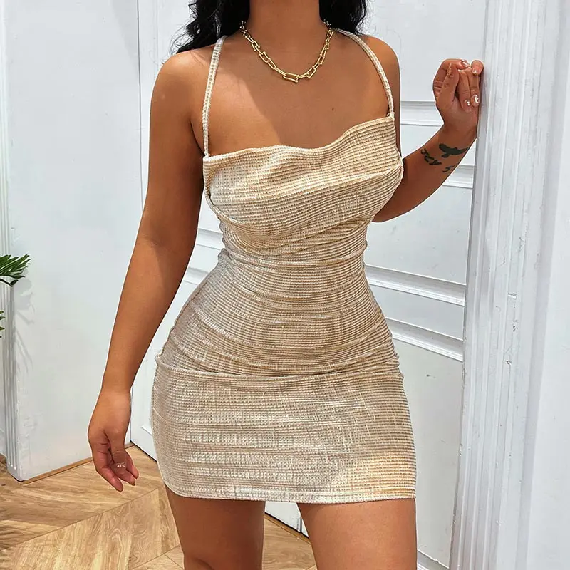 Summer Women Sexy Low-cut Solid Color Halter Suspender Dress Open Back Bandage Temperament Package Hip Ruched Dress 2021 vintage clothing stores