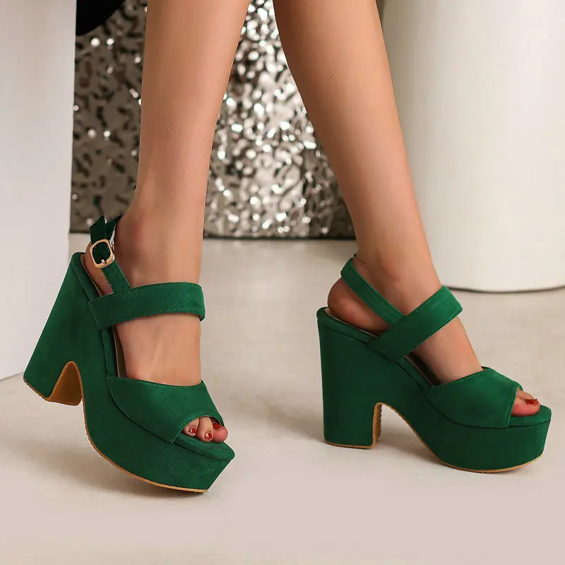 

New Big Size 34-43 Flock Faux Nubuck Green Blue Open Toe Women's Shoes Summer Platform Wedges Chunky High Heels Luxury Sandals