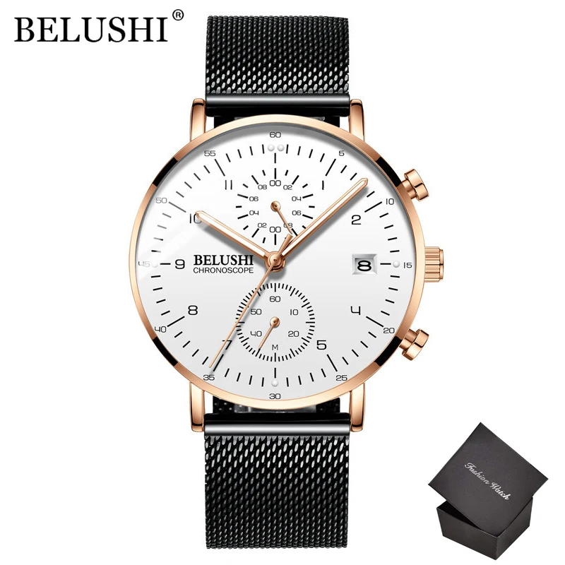 BELUSHI Mesh Steel Sport Watches Men Fashion Top Brand Luxury Ultra-Thin Watch for Men Quartz Waterproof Mens Clock Reloj hombre 