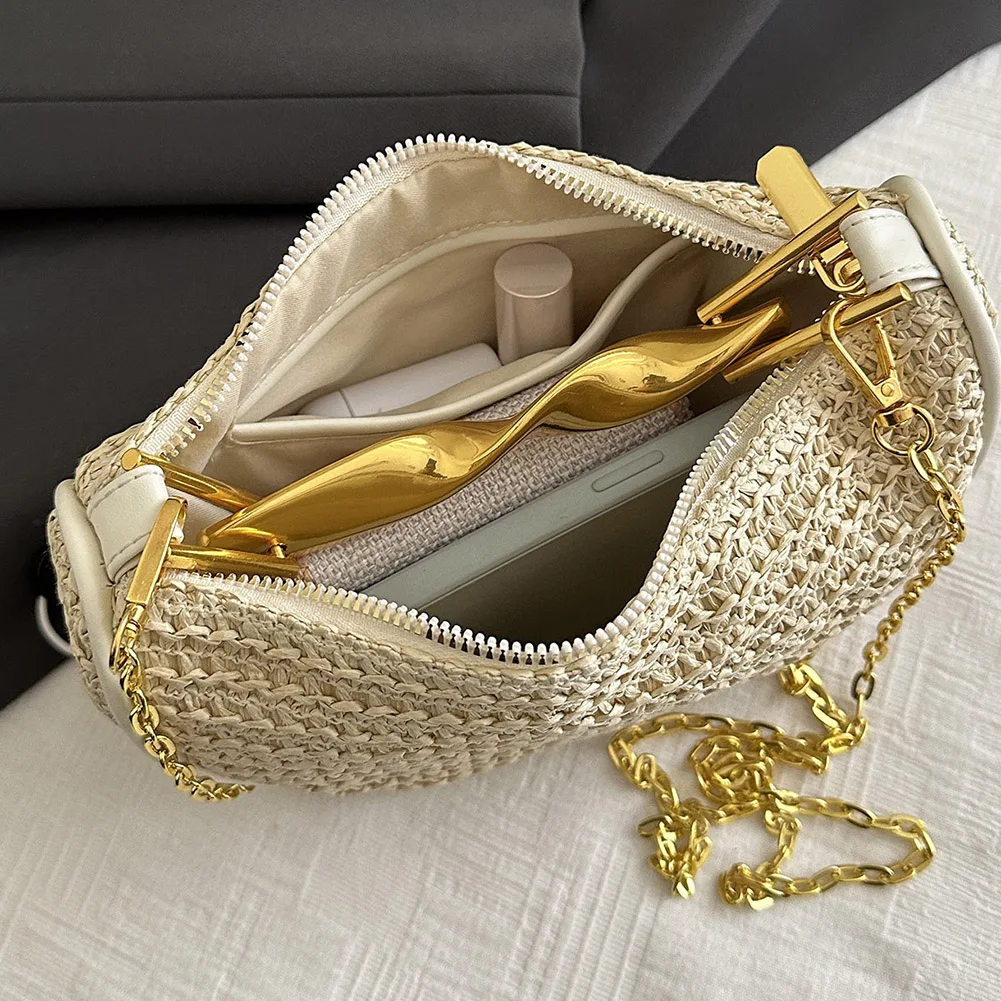 Women Elegant Knitting Handbag Straw Crossbody Bags Seaside Beach Shoulder Bag Handwoven Commute Sling Bag with Metal Handle