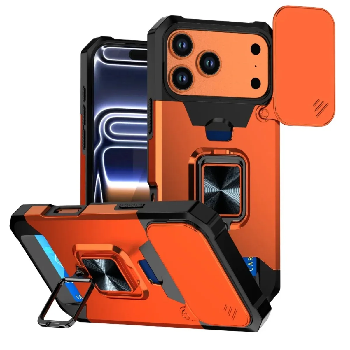 Shockproof Armor Phone Case with Card Slot, Ring Holder, and Slide Camera Cover