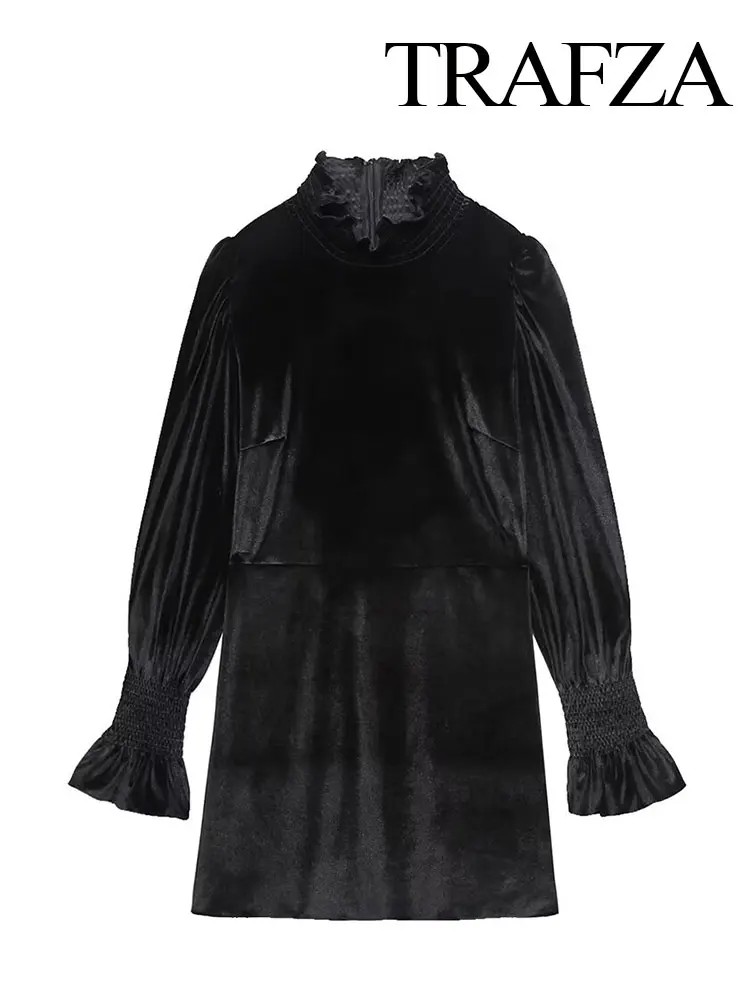 

TRAFZA 2024 Spring Women Fashion Velvet Dresses Trend Solid Tight Short Dress Woman Folds Vintage Evening Dress Mujer Vestidos