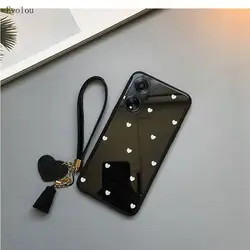 Elegant Heart Design Tempered Glass Phone Case with Tassel Lanyard - Shockproof Hard Cover for oppo A17 (Black)