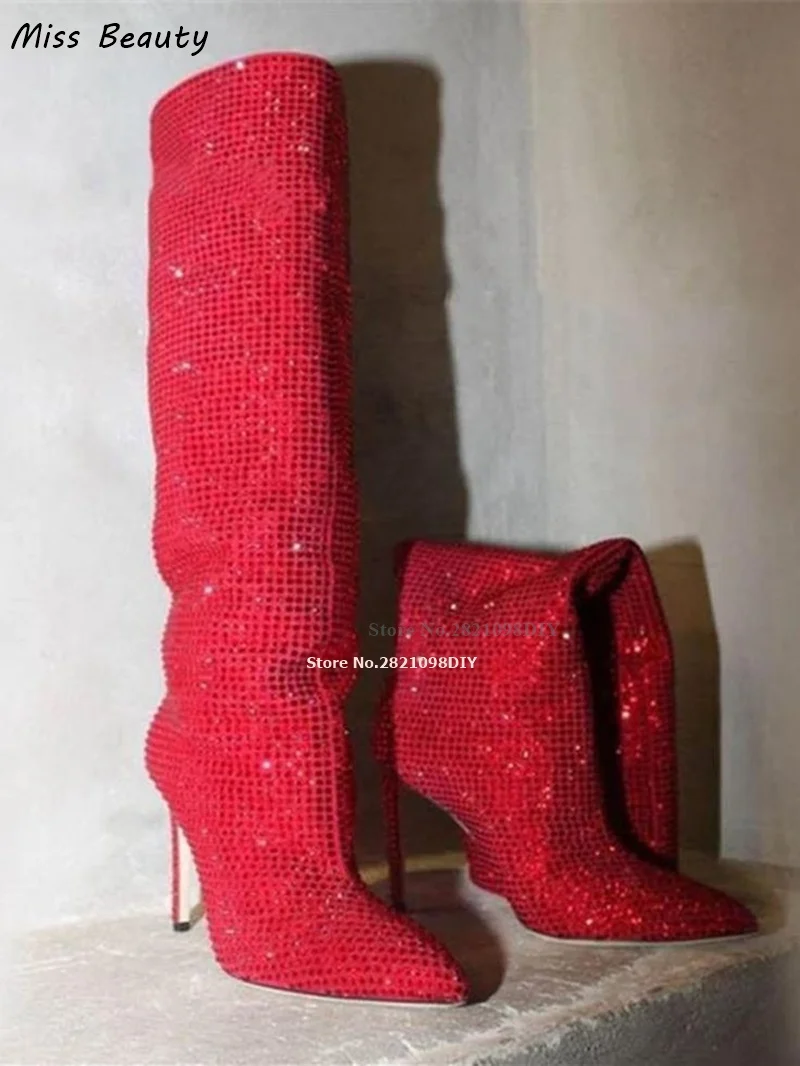 

Demonia Boots Colorful Diamantes Pointed Toe Stiletto Knee High Heel Boot Women Stiletto Heeled Glittering Rhinestone Long Bota