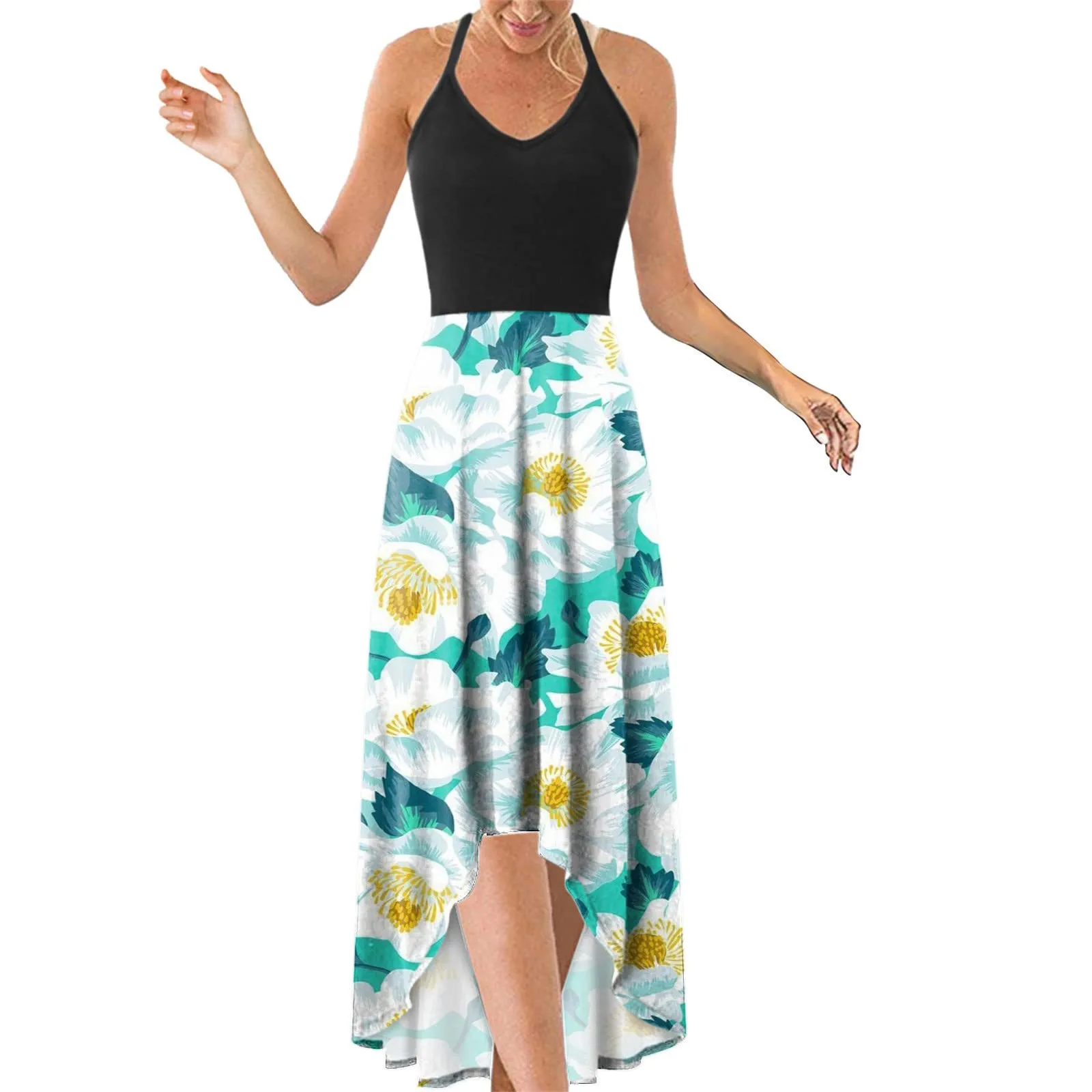 

Vintage Dress Slim High Waist A Line V Neck Backless Hem Swing Sundress Tank Dresses Summer 2022 Woman Dress with Floral Pattern