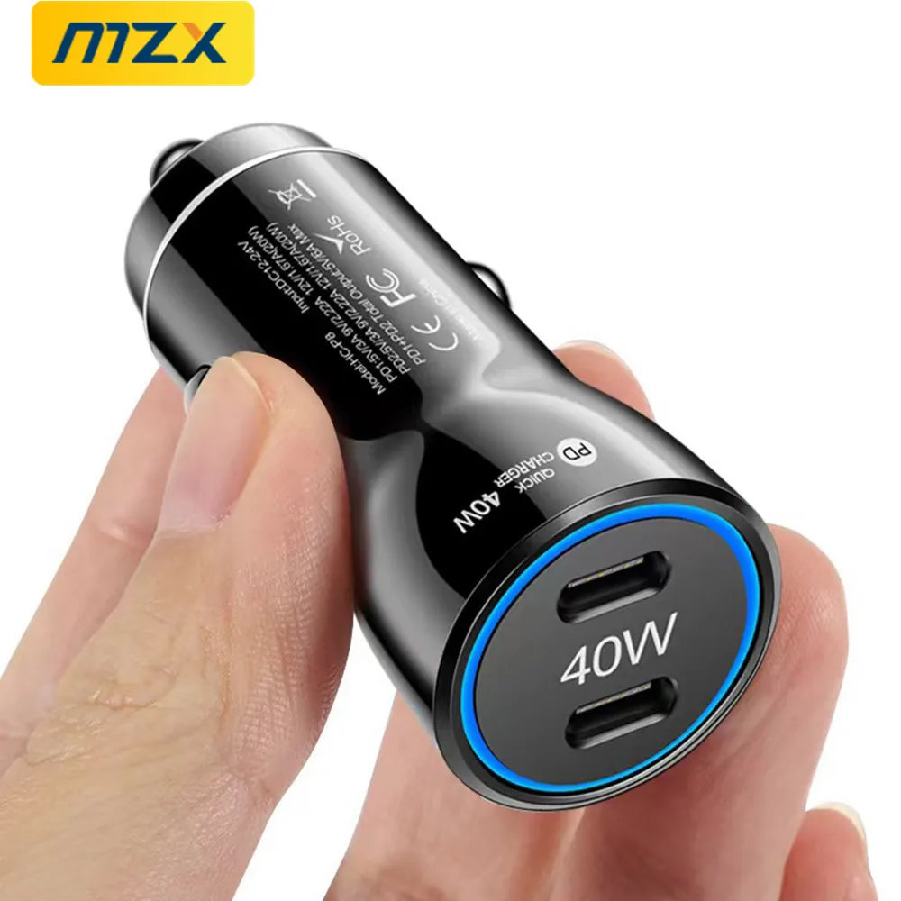 40W Smart Car Charger PD Type C Dual USB A Fast Charging 12V