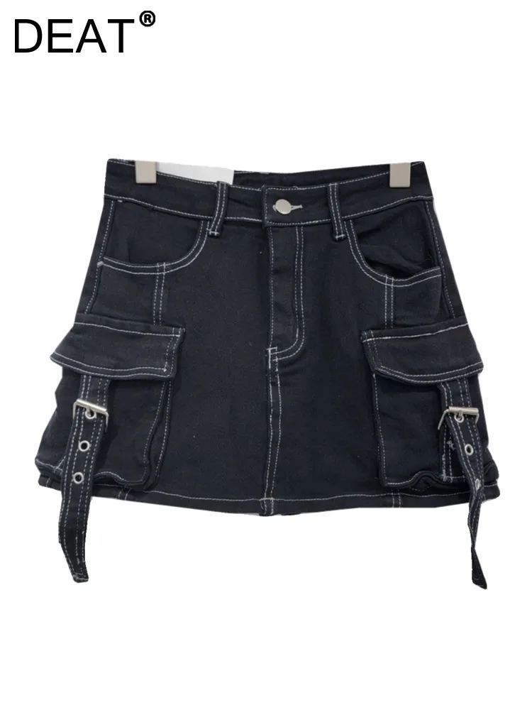 

DEAT Women's Denim Skirt Bright Lines Decoration Multiple Pockets Cargo Slim A-line Mini Skirt 2024 Spring New Fashion 29L6616