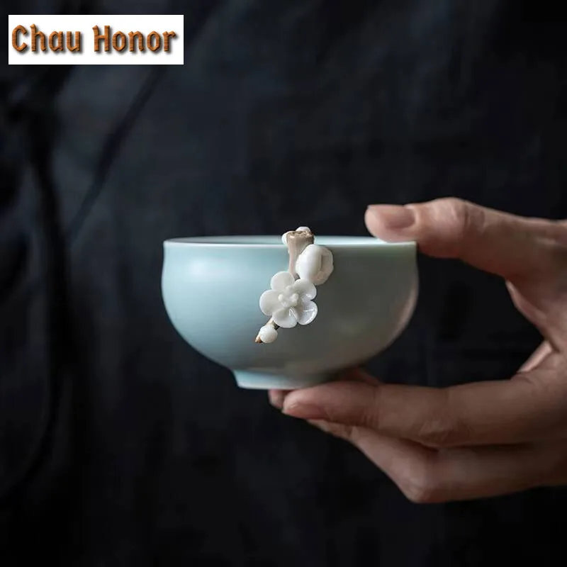 Boutique Azure Ru Kiln Tea Cup Handmade Knead Plum Blossom Ceramic Kung Fu Tea Ceremony Customized Drinkware Gift Box Packaging