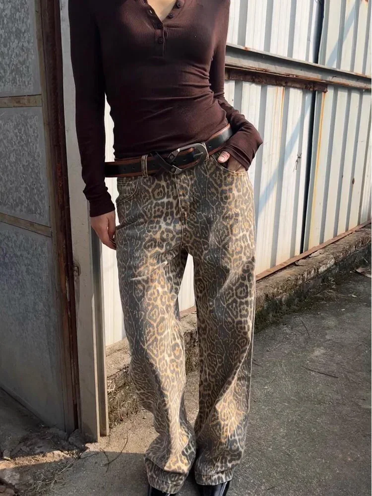 Leopard Print Washed Distressed Wide Leg Pants FemaleFashion Street Slim Women Jeans Casual High Waist New Spring Woman Jeans
