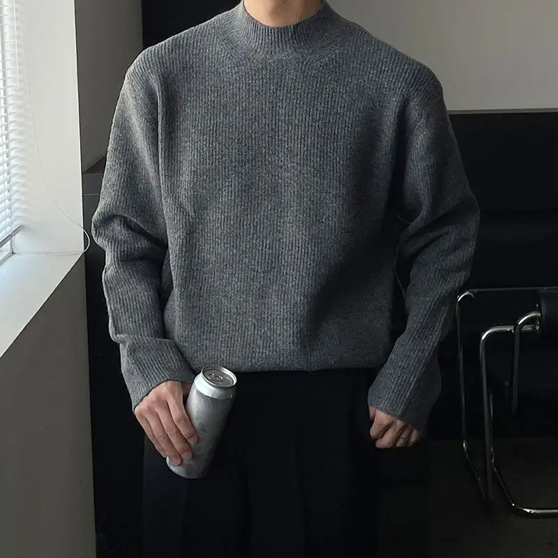 Autumn Winter Fashion Half High Collar Long Sleeve Solid Pullovers Men's Clothing Korean Bottoming Shirt All-match Knitting Tops 3