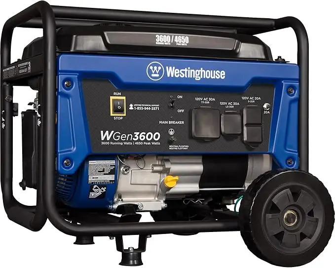 WGen3600 Portable Generator 4650 Peak Watts & 3600 Rated Watts RV Ready 30A Outlet, Wheel & Handle Kit Gas Powered