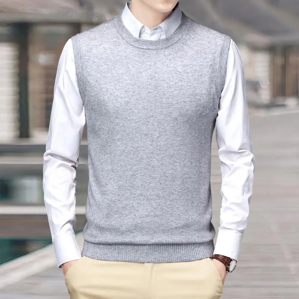 Men Fall Winter Top Vest Sleeveless Round Neck Knitted Men Vest Elastic Pullover Warm Casual Bottoming Sweater