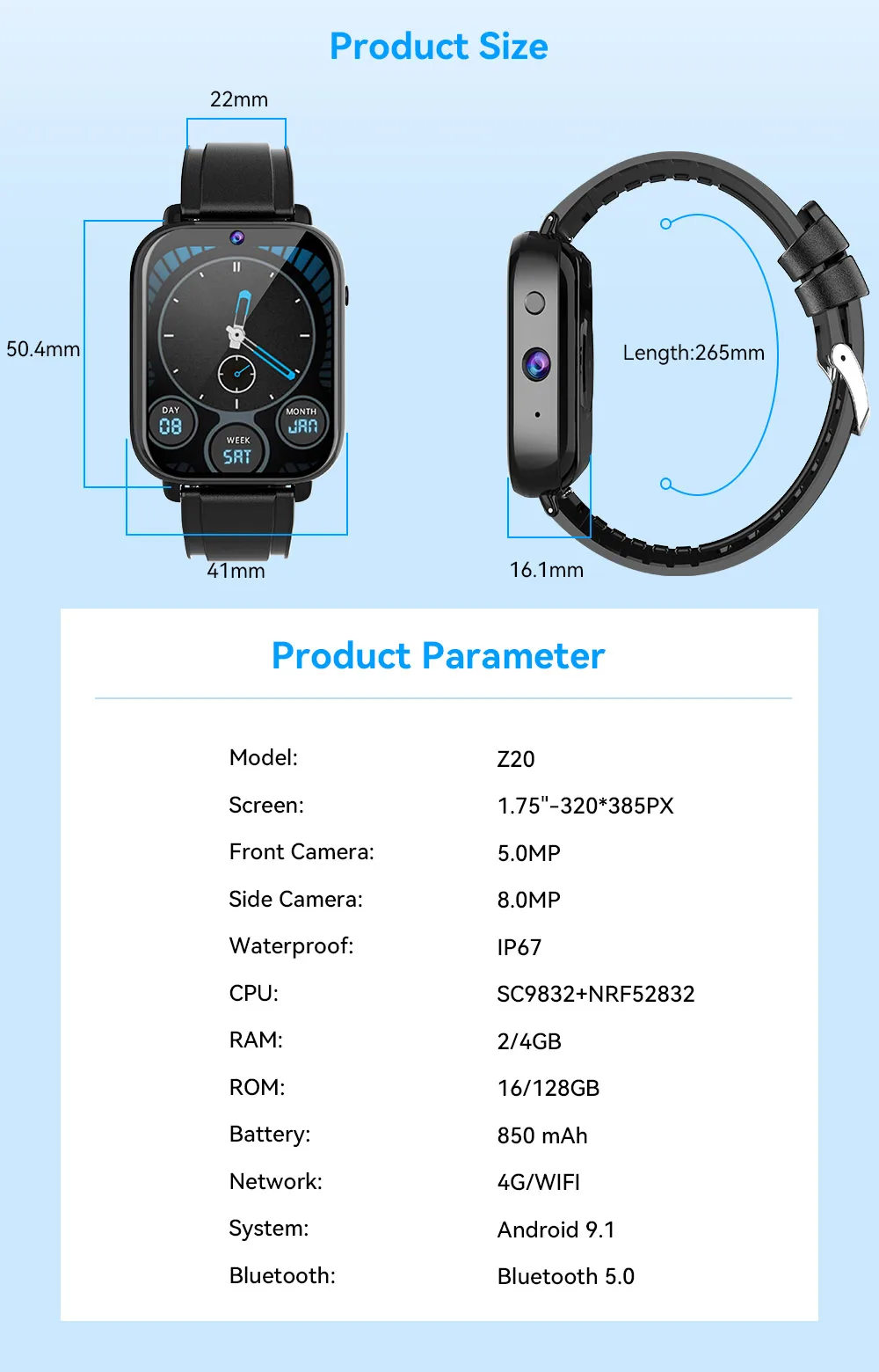 ROGBID Z20 Ʈ ġ Man ȵ̵ 9.1 4G IP68  4G RAM 128GB ROM GPS Smartwatch 2023    ī޶