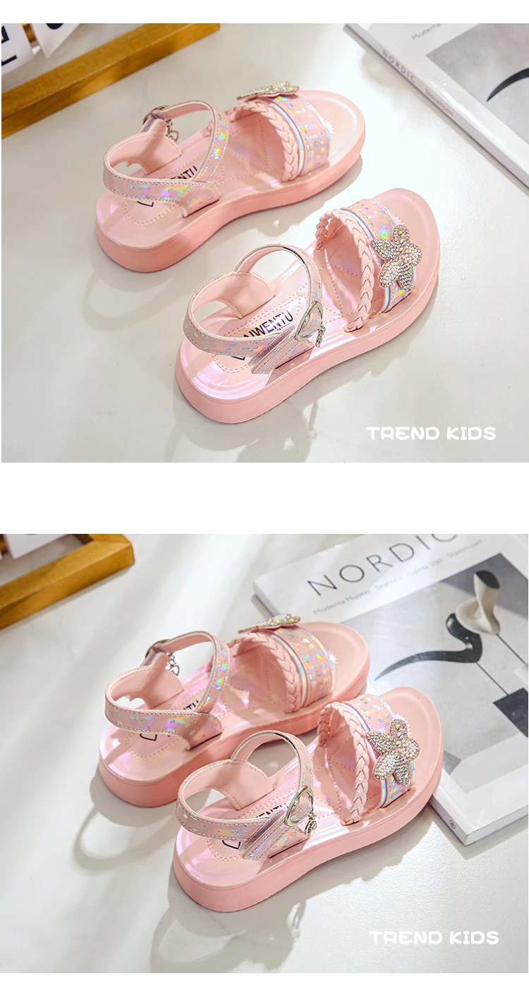 Girls Sandals 2022 Summer New Sweet Princess Kids Fashion Princess Solid Children Soft PU Rhinestones Flower Shine Party Shoes girls leather shoes