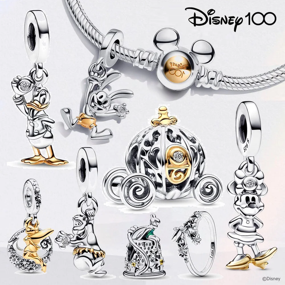 Disney 100th Anniversary 925 Silver Charm Mickey Minnie Pendant Beads Suitable for Pandora Bracelets DIY Jewelry Pendant Gifts