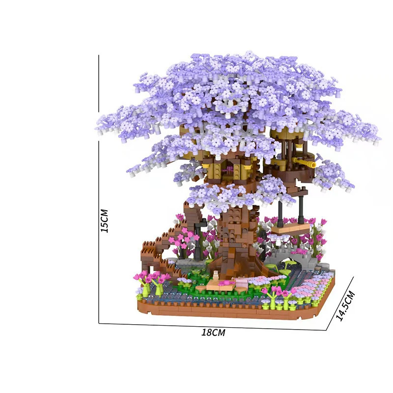 Mini Sakura Tree House With Lights Model Building Blocks City Street View Cherry Blossom Houses Bricks Kids Toys For Girls Gift 3