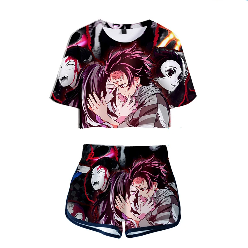 Demon Slayer Kimetsu no Yaiba Outfit Costume Top Shorts Sport Suits Women Kamado Nezuko Cosplay Running Shorts Shirt Girls Set cosplay Cosplay Costumes