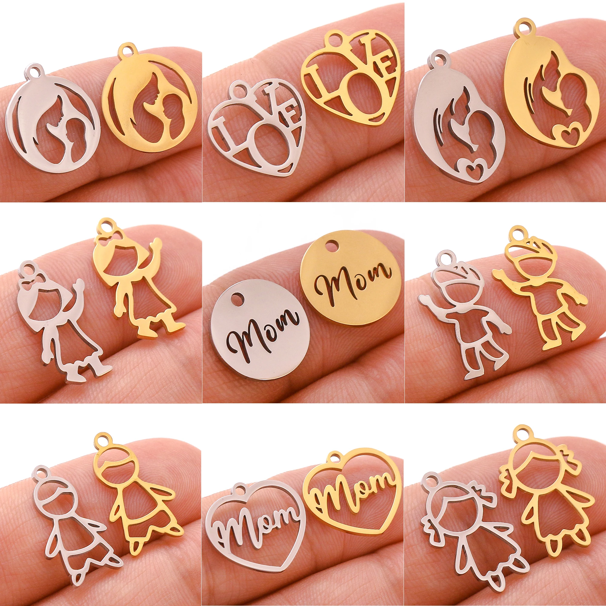 

5Pcs/Lot Family Daughter/Son/Mama Charm Stainless Steel Hollow Kids&Mom Pendant DIY Necklace Bracelet Jewelry Making Mother Gift
