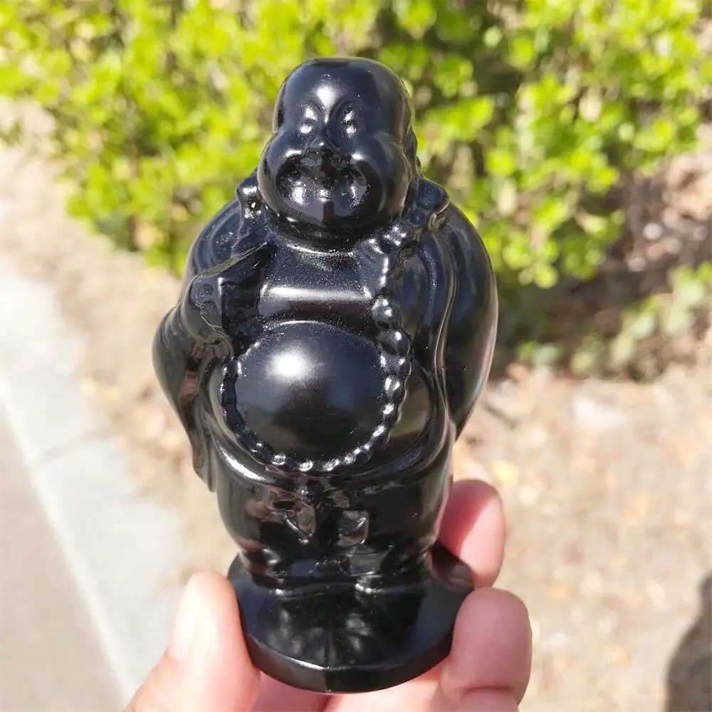 

Natural Black Obsidian Maitreya Buddha Crystal Figurine Carving Buddhism Home Decoration Healing Meditate Reiki Feng Shui 1pcs