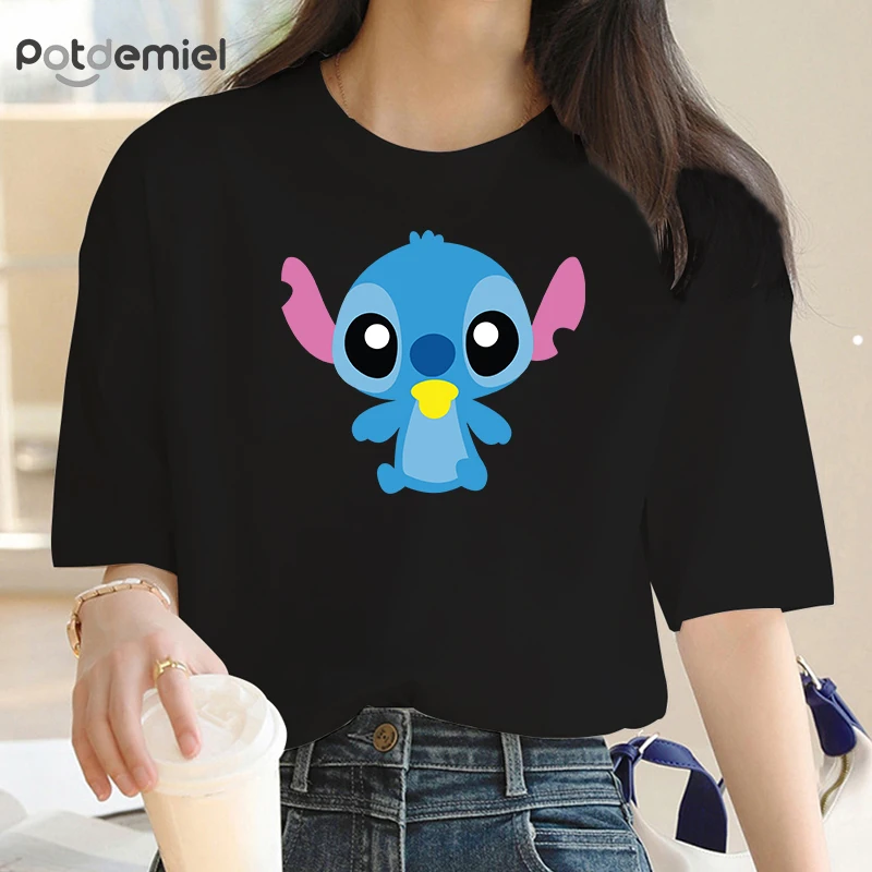 

Kawaii Cartoon Stitch T-shirts Women Ohana Lilo Stitch Graphic Men Tees Cute Anime Tops Harajuku Female 90S Hippie Blouse