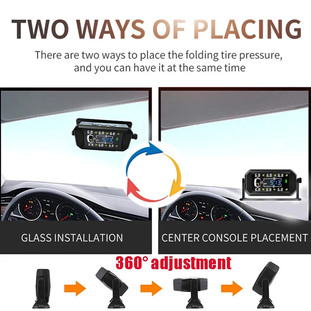 Car TPMS Solar Tire Pressure Monitoring System HD Color Screen Tire Pressure Temperature Safety Alarm with 6 External Sensors