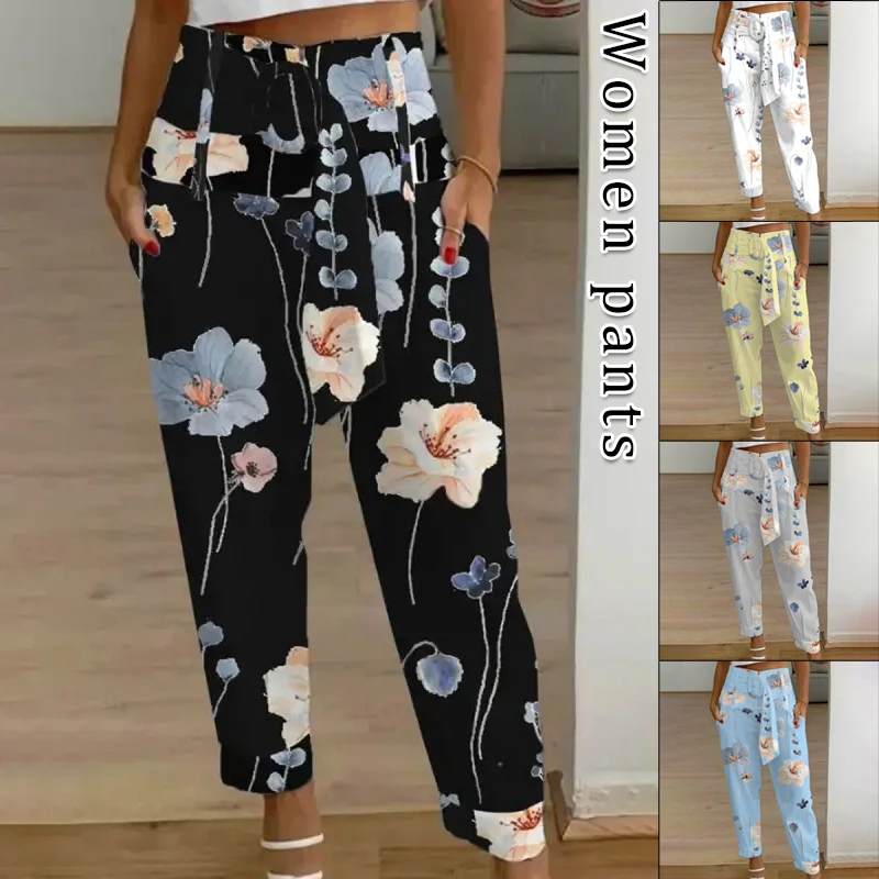 Women Trousers Spring Summer New Casual Straight High Waist Pocket Crop Pants Fashion Solid Color/Print Office Lady Harem Pants washed jeans harem pants new women spring autumn summer fashion elastic sweet travel longue casual thin nationality lady young